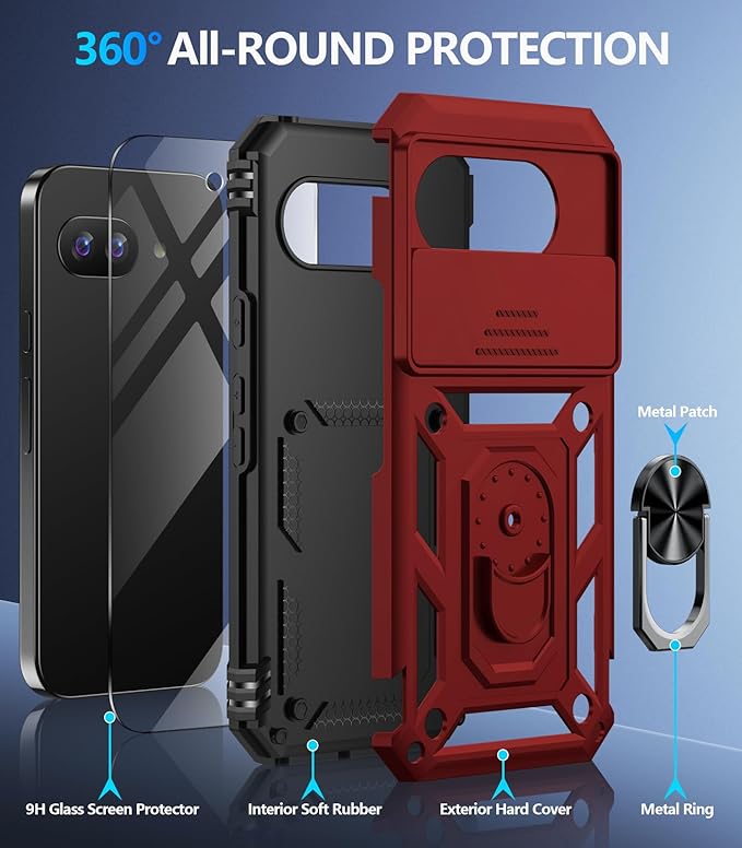 Taisairu for Google Pixel 9A Case with Screen Protector & Slide Camera Lens Cover, Built-in 360°Rotate Magnetic Ring Stand Shockproof Protective Phone Case for Google Pixel 9A Case (Red)