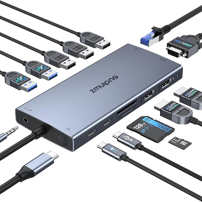 USB C Docking Station Dual Monitor 15 in 1 Laptop Docking Station Triple Display for Dell HP Lenovo Thinkpad Surface, USB C Hub Multiple Adapter Dongle with 4K HDMI+VGA+USB Port+Button+PD+Ethernet