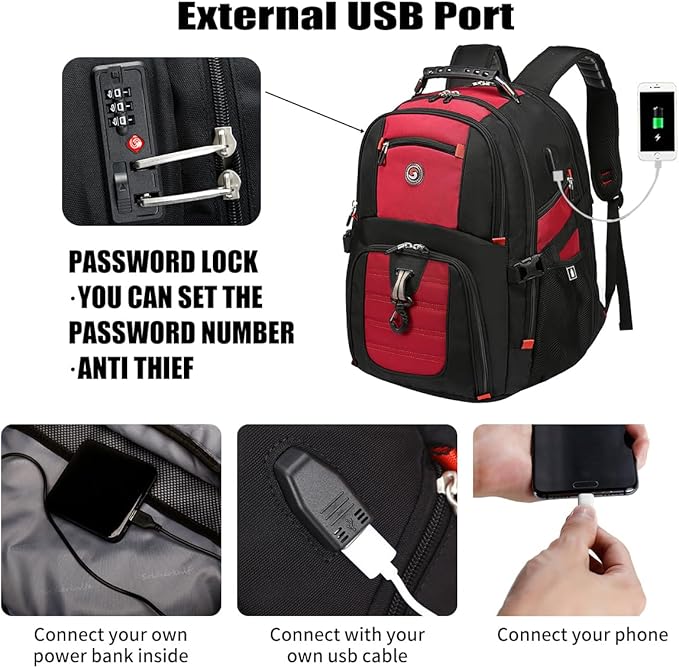 SHRRADOO Extra Large 50L Travel Laptop Backpack with USB Charging Port, College High School Backpack Airline Approved Business Work Bag Fit 17 Inch Laptops for Men Women,Red