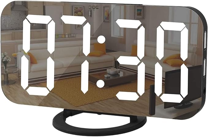 Digital Clock Large Display, LED Alarm Electric Clocks Mirror Surface for Makeup with Diming Mode, 3 Levels Brightness, Dual USB Ports Modern Decoration for Home Bedroom Decor-Black