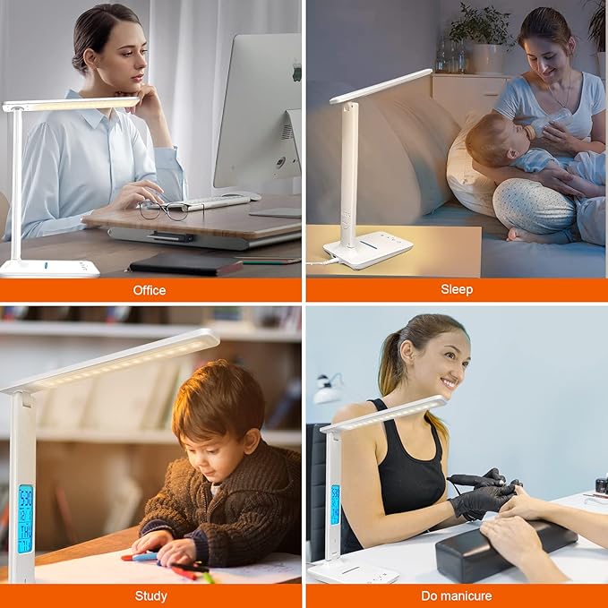 Desk Lamp with Wireless Charger，USB Charging Port, Dimmable Office Desk Light with Clock, Alarm, Date, Temperature, Foldable Lamp for Table Bedroom Bedside Office (White, Standard Size-13.3 inch)