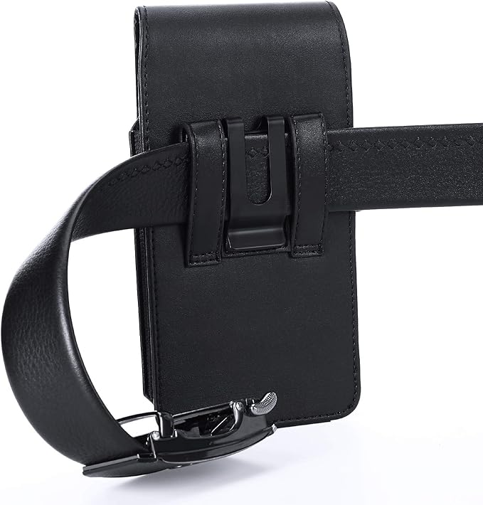 BECPLT Leather Holster Belt Case for iPhone 16 Pro/15/14/13/12/11 Pro & Galaxy S25/S24/S23/S22/S21/S20 - Slim Hard Case with Clip/Loops - Black