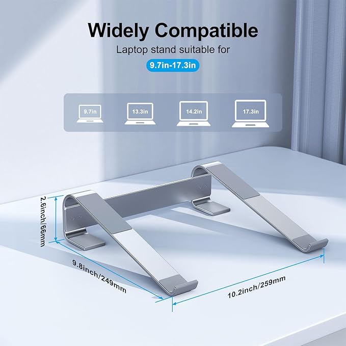 Laptop Stand for Desk, Aluminum Laptop Riser, Ergonomic Computer Stand Compatible with for MacBook Pro/Air, Dell, HP, Lenovo, 10-17.3'' (Silver)