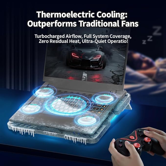 Thermoelectric Laptop Cooling Stand with 5 Fans - Adjustable Height for Laptops up to 19", Compatible with MacBook, Alienware, ROG & Gaming Laptops