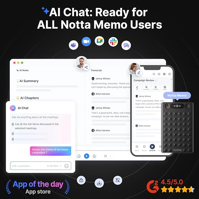 AI Voice Recorder, Notta Memo Digital Voice Recorder w/Case, AI Transcription & Summary of Global Main Languages, 2000h Recording Memory, One-Press Recording for Calls, Meetings, Interviews, Lectures
