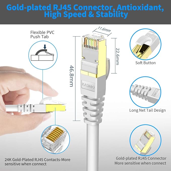 KASIMO CAT 8 Ethernet Cable Shielded SFTP Internet Network Patch Cord, Heavy Duty High Speed LAN Cables w Gold Plated RJ45 Connector Professional for Router, Modem, Gaming(10 Feet, 5 Pack White)