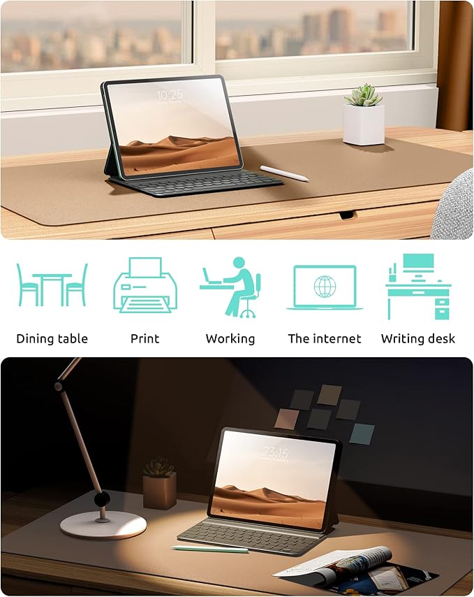 YSAGi Leather Desk Pad Protector, Office Mat, Large Mouse Pad, Non-Slip PU Blotter, Laptop Waterproof Writing for and Home (23.6" x 13.8", Khaki)