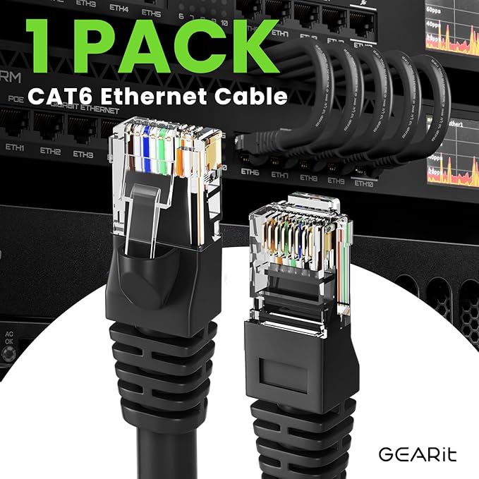 GEARit Cat 6 Ethernet Cable Pack Ð 1-Pack 150 ft Cat6 Ethernet Patch Cables | RJ45 Network Patch Cable, 10 Gbps Snagless Gold-Plated Connectors Ð Ethernet Cable Cat 6 for PC, TV, Router Ð Black
