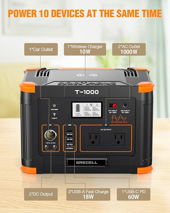Portable Power Station 1000W (Peak 2000W), GRECELL 999Wh Solar Generator with 60W USB-C PD Output, 110V Pure Sine Wave AC Outlet Backup Lithium Battery for Outdoors Camping Travel Hunting Home