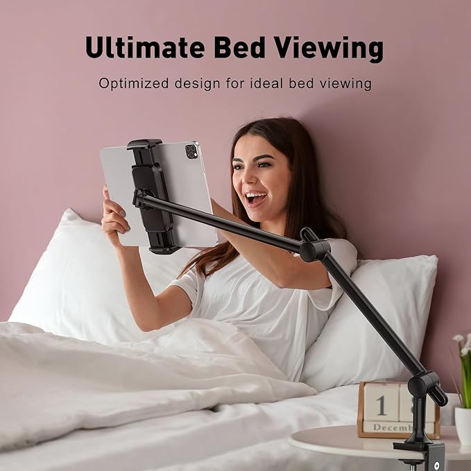 AboveTEK Tablet Stand Holder, Aluminum iPad Holder for Desk & Bed, Adjustable Arm Clamp Mount with 360° Rotation, Overhead Compatible with 4.7"-13.5" iPad Pro/Air/Mini, iPhone, Galaxy Tab- Black