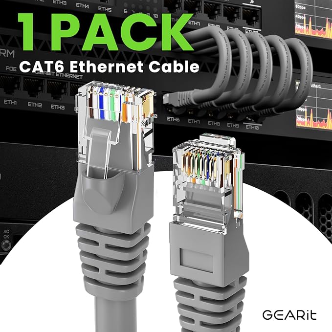 GEARit Cat 6 Ethernet Cable (1-Pack 25 Feet) Cat6 Network Patch, 10Gbps, RJ45, Snagless Cord, Gold-Plated Connectors, Internet for PC, TV, Tablet, Router, Printer, Servers, IT Data Center - Gray