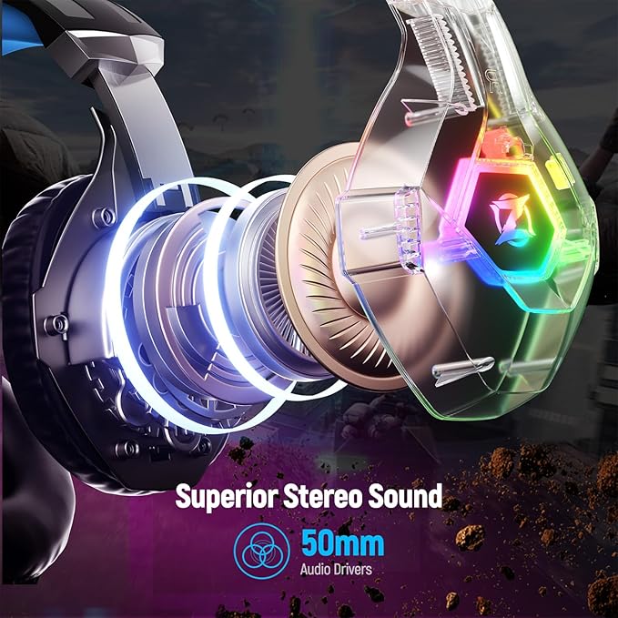 Gaming Headset for PC, Ps4, Ps5, Xbox Headset with 7.1 Surround Sound, Gaming Headphones with Noise Cancelling Mic RGB Light Over Ear Headphones for Xbox Series X/S, Switch-Blue