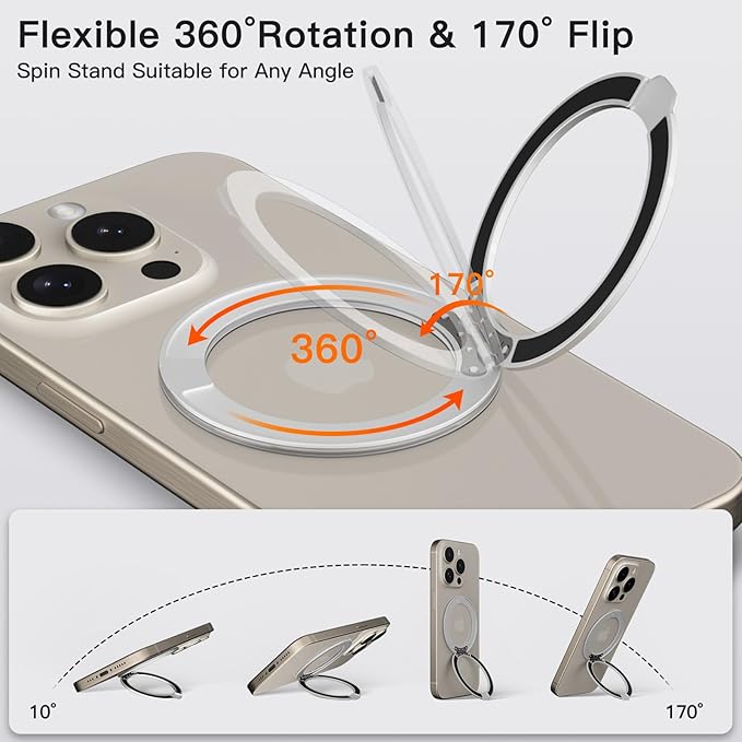 COOLQO 2Pcs 360 Spin Cell Grip Ring Phone Stand [Upgrade Gear Hinge Stress Relief] Magnetic Holders for Your car Accessories Desk Mount Compatible with iPhone All Smartphone, Glitter Silver