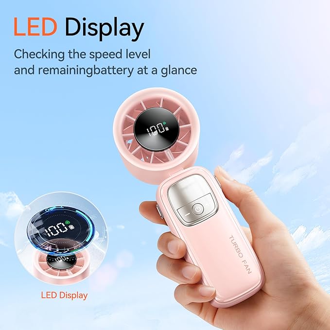3-in-1 Portable Handheld Turbo Fan-100 Speeds, 15000 RPM, 10Hrs Cooling, LED Display, 90° Rotation, USB Rechargeable Battery Powered, Mini Foldable Hand Held Personal Fan for Women Men (Pink)