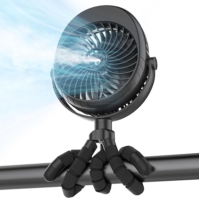 Misting Baby Stroller Fan, 4000mAh Rechargeable Battery Operated, 270°Pivoting, 15H Cooling,50ml Portable Water Sprayer Misting Fan with Flexible Tripod Clip on Car Seat Crib Treadmill Bunk Bed