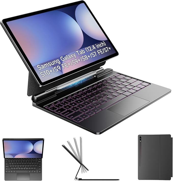 HOU Keyboard for Samsung Galaxy Tab S10+ Plus/S9+ Plus/S9 FE+ Plus/S8+ Plus/S7+ Plus/S7 FE 12.4" with Magnetic Case,Floating Cantilever,Multi-Function Trackpad,7 Colors Backlit,S Pen Holder,Black