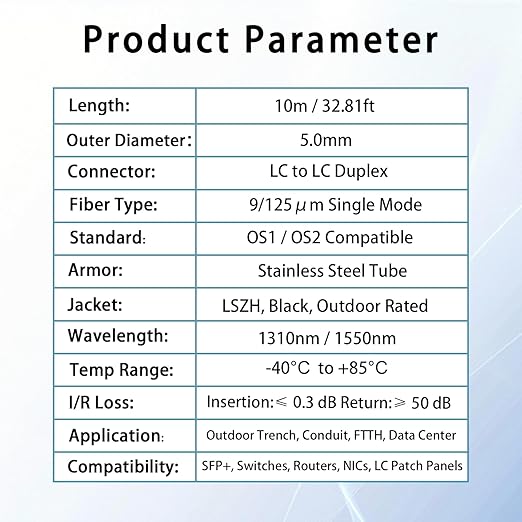 10M/33FT LC to LC Armored Outdoor Fiber Optic Cable, Single Mode Duplex 9/125μm SMF Fiber Patch Cord, OS1/OS2 Compatible, Black LSZH Jacket, Uniboot Jumper for FTTH, Data Center, Long-Distance Use