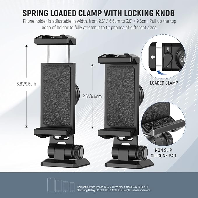 NEEWER Metal Phone Tripod Mount Adapter with Arca QR Base, Cold Shoe, 360° Swivel 180° Tilt, Phone Holder Compatible with iPhone 15 Pro Max Galaxy S24