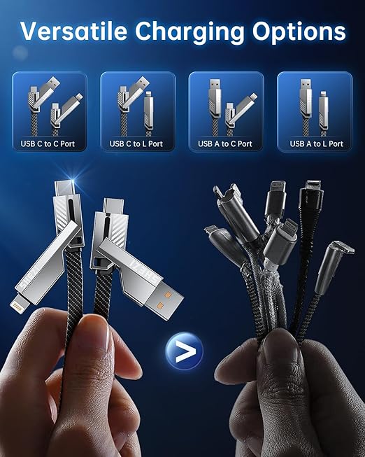 [One is Enough] 4-in-1 Compatible with USB C to Lightning Cable, 60W High-Speed Charging & Fast Data Transfer,CarPlay & Android Auto Support Multi Charger Cord Combo for iPhone/Samsung/iPad,10FT