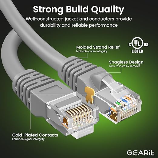 GEARit Cat 6 Ethernet Cable (5-Pack 3 Feet) Cat6 Network Patch, 10Gbps, RJ45, Snagless Cord, Gold-Plated Connectors, Internet for PC, TV, Tablet, Router, Printer, Servers, IT Data Center - Gray