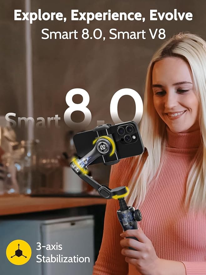 3-axis Gimbal Stabilizer w/Built-in 7.8' Extension Rod, Vlogging Phone Gimbal w/AI Tracking, Portable Smartphone Holder for iPhone w/Full-Screen OLED Display, Trigger Button Smart V8(Black)
