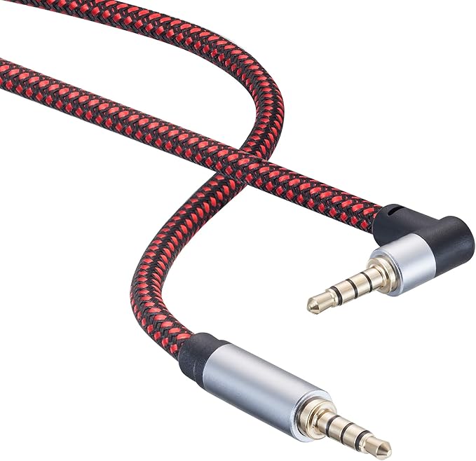 Male to Male Audio Cable 1Ft,90 Degree TRRS 3.5mm 4 Pole Nylon Braided Stereo Aux Cable/Auxiliary Cable/Aux Cord for Headphones, PS4,Phone, Tablets, Headset, PC, Laptop and More (1Ft)