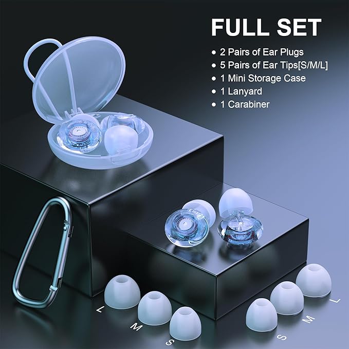 Ear Plugs for Concerts, 2 Pack High Fidelity Ear Plugs, Reusable Silicone Earplugs for Concert, Rave, Work, Musicians, 5 Pair Ear Tips in S/M/L, 18-25 dB Concert Ear Plugs for Noise Cancelling(Blue)