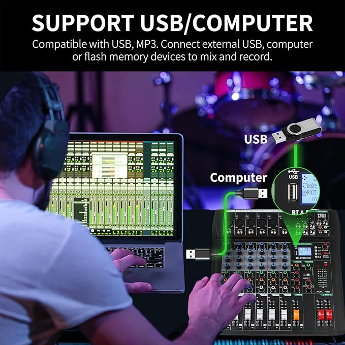 XTUGA 6 Channel Audio Mixer Sound Board Mixing Console, Audio Interface PC USB Bluetooth with 48V Phantom Digital Effect for DJ Live Recording Studio Karaoke(CT60)