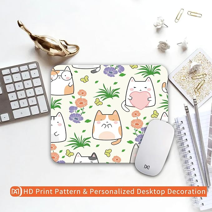 Square Mouse Pad Cute Cat, Personalized Premium-Textured Custom Mouse Mat Design, Washable Mousepad Cloth, Non-Slip Rubber Base Computer Mouse Pads for Wireless Mouse
