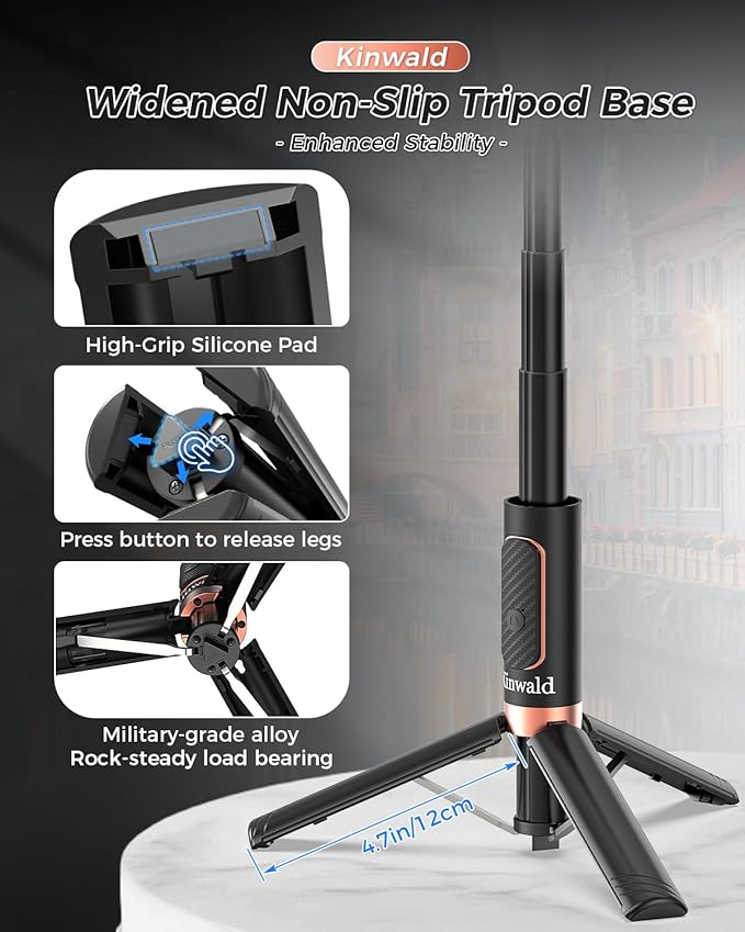 Selfie Stick Tripod for iPhone & Android, Portable Phone Tripod Stand with Bluetooth Remote, One-Click Open, Compact & Lightweight, All-in-1 for Vlog/Travel/Photography (Black)