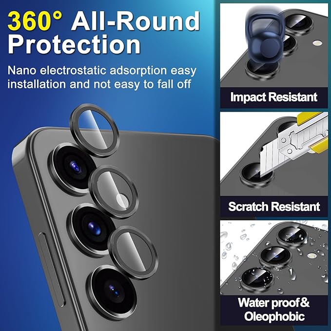 for Samsung Galaxy S24 Plus Camera Lens Protector, Individual Metal Ring Tempered Glass Lens Cover, [Strong Adsorption] Scratch Resistant Ultra-Thin HD Clear Lens Cover, 1 Set-Black