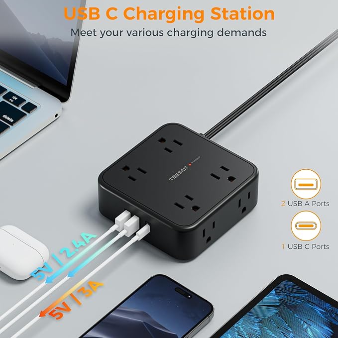 TESSAN Surge Protector Flat Plug Power Strip, Black Extension Cord, 8 AC Outlets, 3 USB Charger(1 USB C Port) 3 Side Outlet Extender, 5 Ft, 900 Joules Protection, Office Supplies, Dorm Essentials