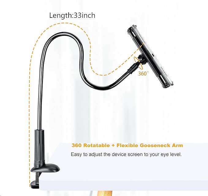 Gooseneck Tablet Phone Holder | Kindle Stand Holder for Bed | 33in Flexible Long Arm Clamp Clip Mount for iPhone, iPad, Switch, Galaxy Tabs, Kindle Fire, 4.7''-11'' Tablet Devices