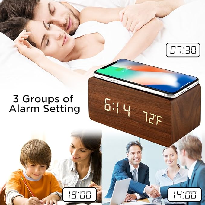 OCT17 Alarm Clock with Qi Wireless Charging Pad Compatible with iPhone Samsung Wood LED Digital Clock Sound Control Function, Time Date, Temperature Display for Bedroom Office Home- Brown