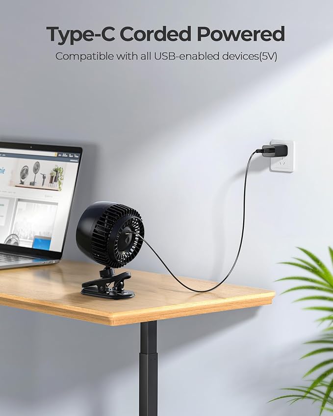 Koonie USB Clip on Fan, Strong Wind Ultra Quiet Small Desk Fan with Strong Clamp, More Than 360° Adjustable, 3 Speeds USB-C Corded Powered, Mini Personal Fan for Home Office Desktop Black