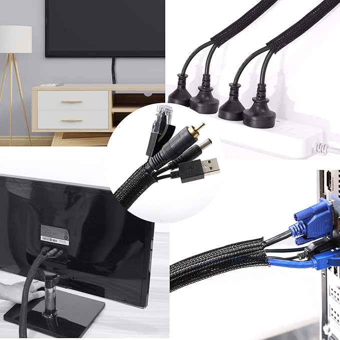 CrocSee 25ft - 1.25 inch Braided Cable Management Sleeve Cord Protector - Self-Wrapping Split Wire Loom for TV/Computer/Home Theater/Engine Bay - Black