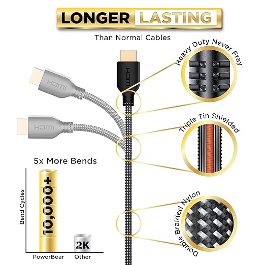 PowerBear 4K HDMI Cable 75 ft | High Speed Hdmi Cables, Braided Nylon & Gold Connectors, 4K @ 60Hz, Ultra HD, 2K, 1080P, ARC & CL3 Rated | for Laptop, Monitor, PS5, PS4, Xbox One, Fire TV