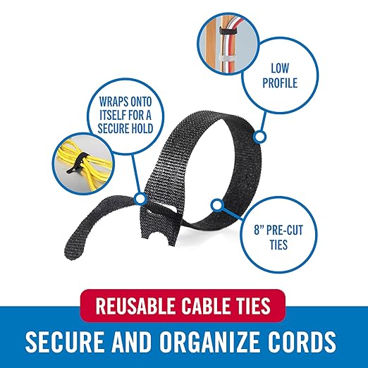 VELCRO Brand 150pk Cable Ties Value Pack | Replace Zip Ties with Reusable Straps, Reduce Waste | For Wire Management and Cord Organizer | 8 x 1/2" Thin Pre-Cut Design, Black and Gray