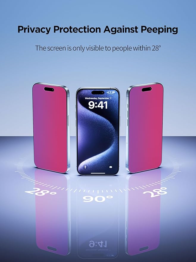 Compatible for iPhone 16 Plus/iPhone 15 Plus Privacy Screen Protector Tempered Glass 6.7 Inch, Pink Gradient Anti Spy Anti Blue Light HD Easy Installation