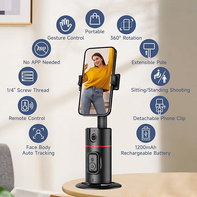 Auto Face Tracking Tripod, No App, Smart Shooting Phone Holder with Remote, 360° Rotation Body Phone Camera Mount with Phone Holder Body Smart Tracking Tripod for Vlog/TIK Tok, Rechargeable Battery