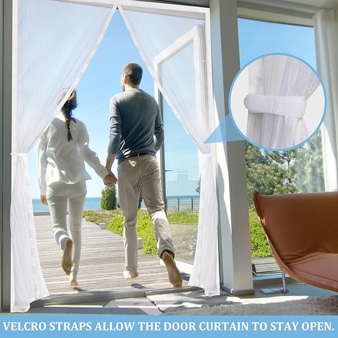 Magnetic Screen Door - Self Sealing, Heavy Duty, Hands Free Mesh Partition Keeps Bugs Out Let Breeze in- Pet and Kid Friendly - Keep Open Feature (White, Fit Door Size 48 x 80 Inch)