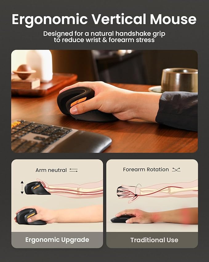 ProtoArc Ergonomic Mouse, EM11 NL Bluetooth Rechargeable Wireless Vertical Mouse, 3 Multi-Device Connectivity for Computer/PC/Laptop, 2.4GHz Optical Mice for Windows, Mac OS, Black