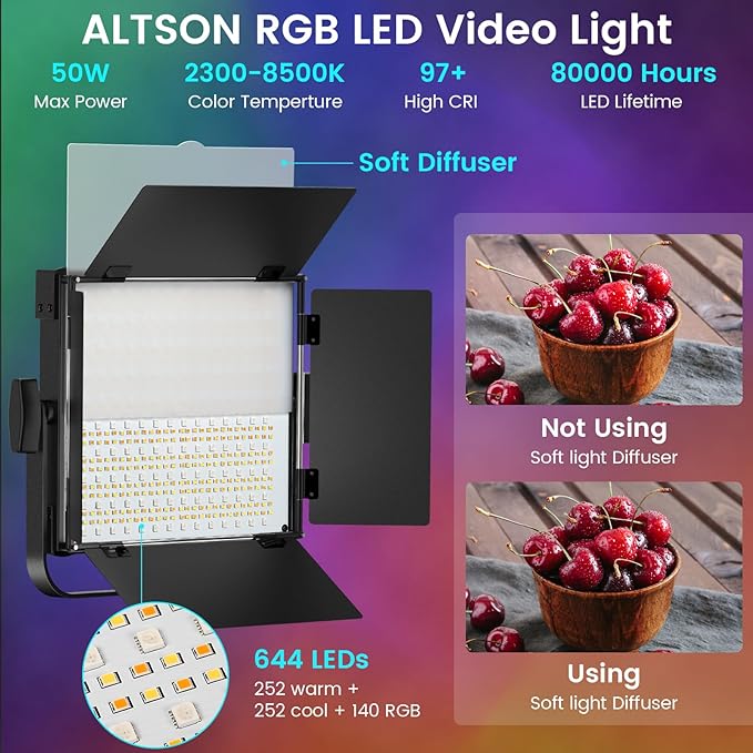 RGB Photography Lighting Kit, 50W Bi-Color LED Studio Lights, 2300k~8500k, CRI 97+, 27 Lighting Effects Video Light for Filming Camera Photo Recording Stage Shooting Streaming TikTok (2)