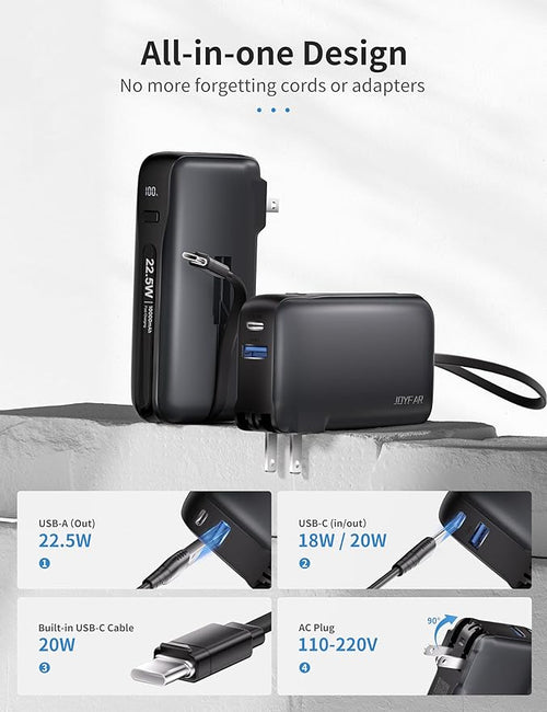 1 Pack Portable Charger with Built-in USB-C Cable & Plug, 10,000mAh 5V/4.5A Power Bank Fast Charging 22.5W, Travel Essential Battery Pack 3 Output for iPhone 16/15 Series, Samsung Galaxy, iPad
