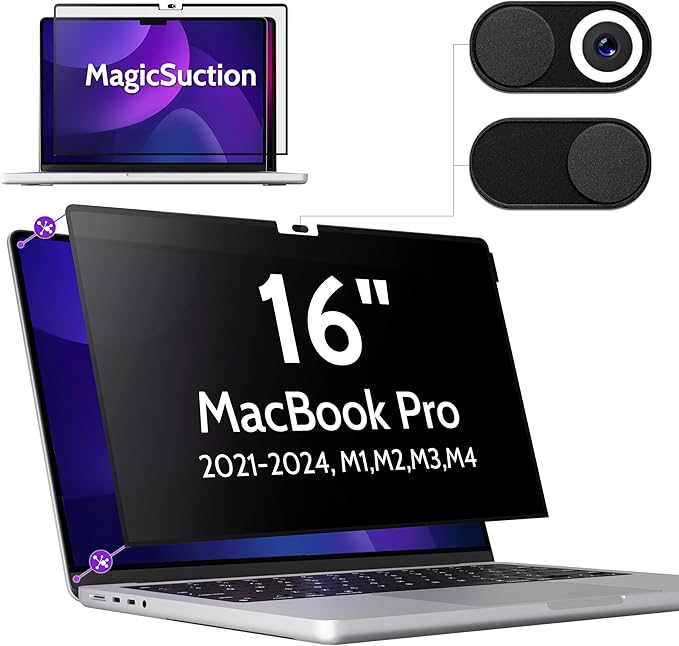 Privacy Screen for MacBook Pro 16 Inch (2021-2024, M1, M2, M3, M4), MagicSuction™ Removable Anti Spy Black Protector, Glare Blue Light Filter for Mac Laptop Computer