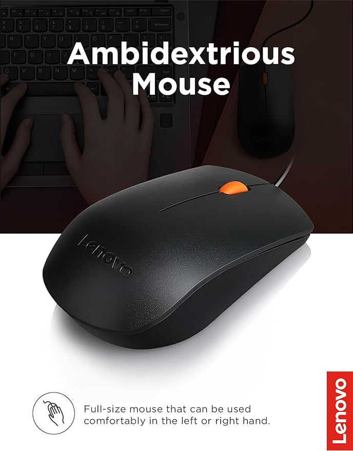 Lenovo 300 USB Combo, Full-Size Wired Keyboard & Mouse, Ergonomic, Left or Right Hand Mouse, Optical Mouse, GX30M39606, Black