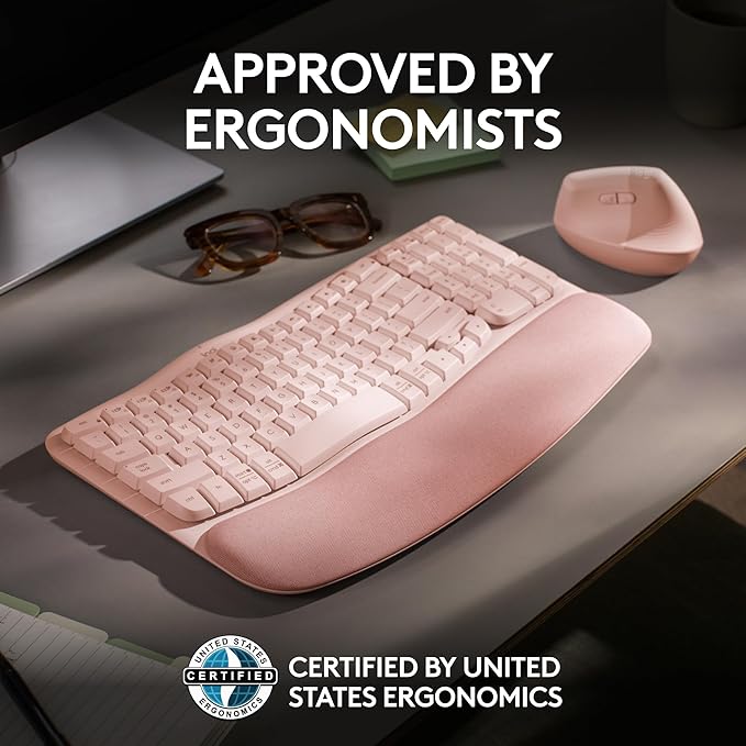 Logitech Wave Keys Wireless Ergonomic Keyboard with Cushioned Palm Rest, Comfortable Natural Typing, Easy-Switch, Bluetooth, Logi Bolt Receiver, for Multi-OS, Windows/Mac - Rose