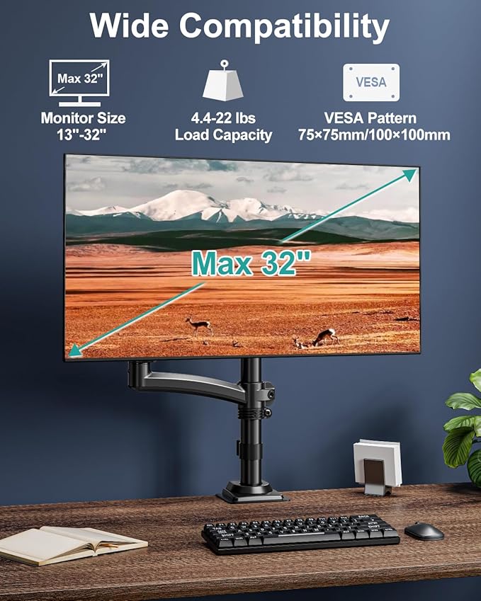 Single Monitor Mount Arm, VESA Desk Mount Stand for 13-32 inch Computer Screen up to 22 lbs, Adjustable Height Tall Monitor Arm with Tilt Swivel Rotation, VESA 75 100mm, Black, Freelift