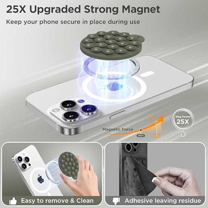 Magnetic Suction Cup Phone Mount for MagSafe Case, Silicone Hands-Free Phone Grip Holder for iPhone and Android, Mirror Shower Phone Stand for Makeup FaceTime Gym Kitchen Bathroom, Olive Green