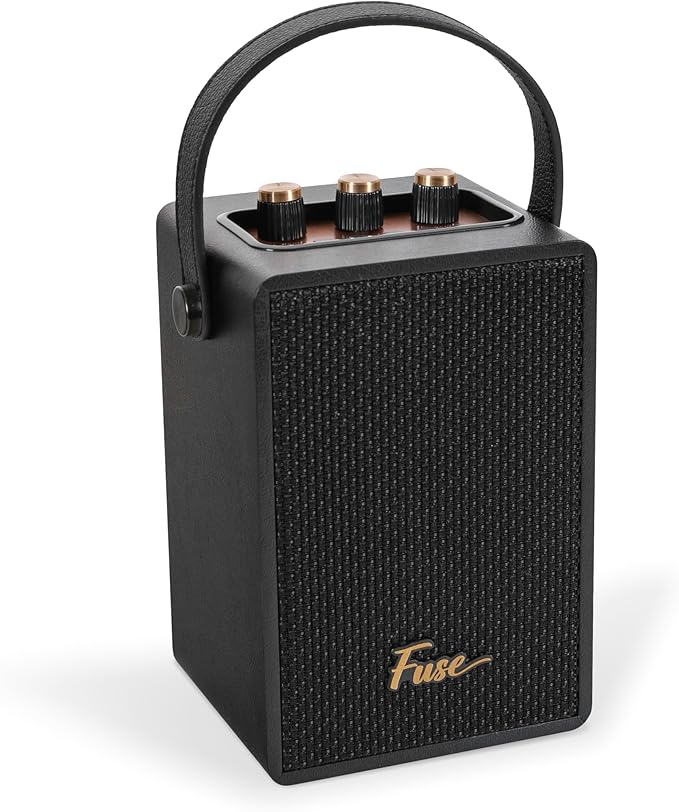 Fuse Andle Vintage Retro Bluetooth Speaker with Vegan Leather Handle | Portable Speaker with Smartphone Connection | USB & AUX Input | Stylish Black Wood Exterior